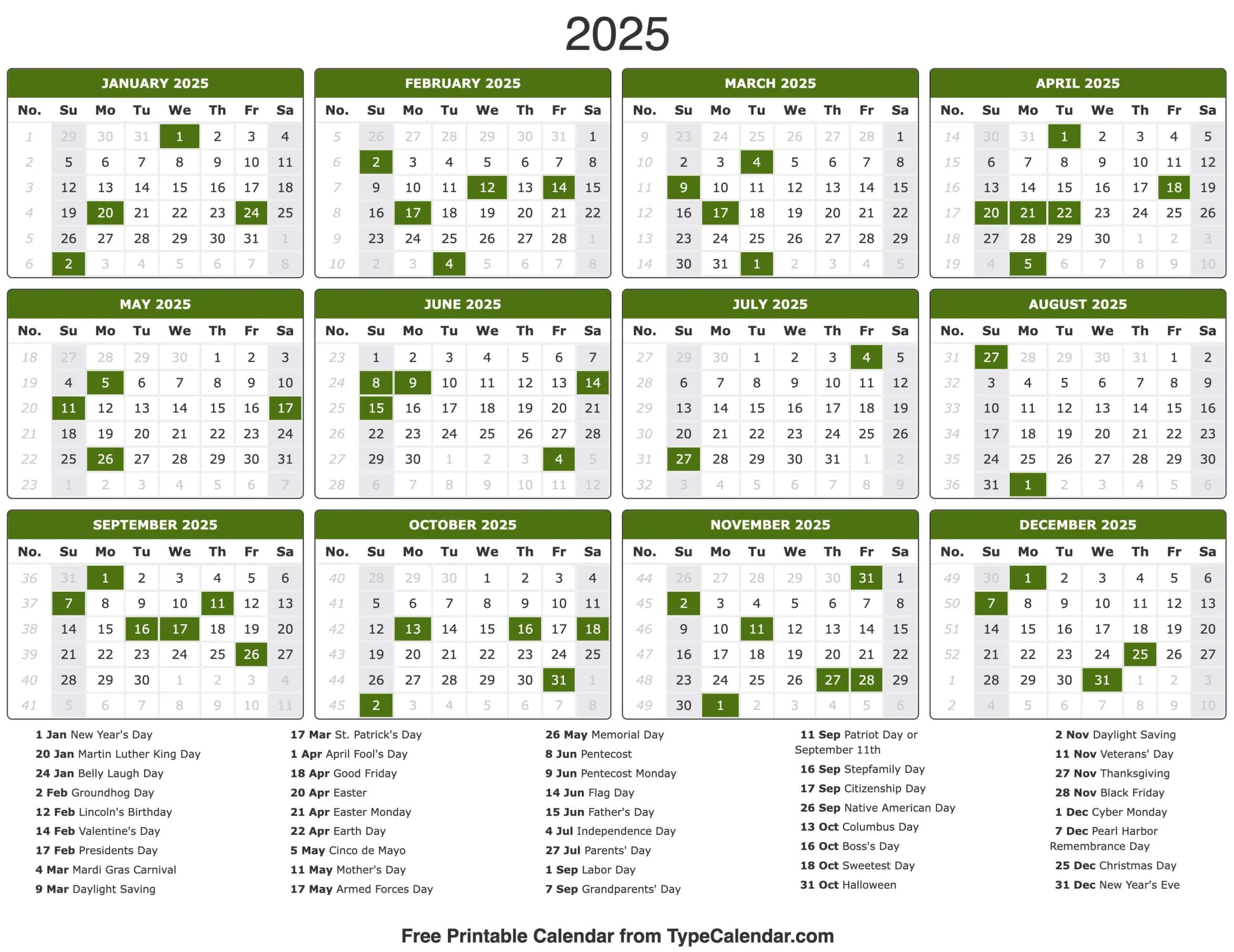2025 Holiday Calendar USA Printable