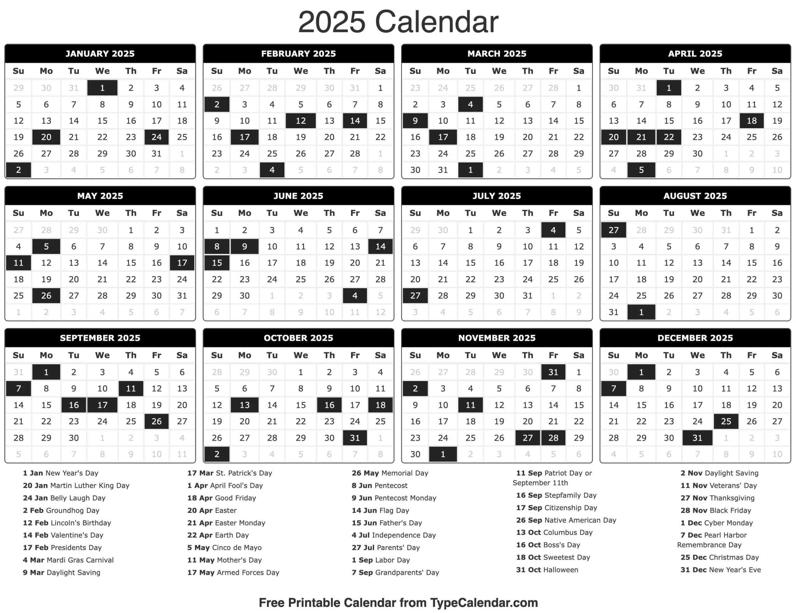Printable 2025 Calendar with Holidays and Notes