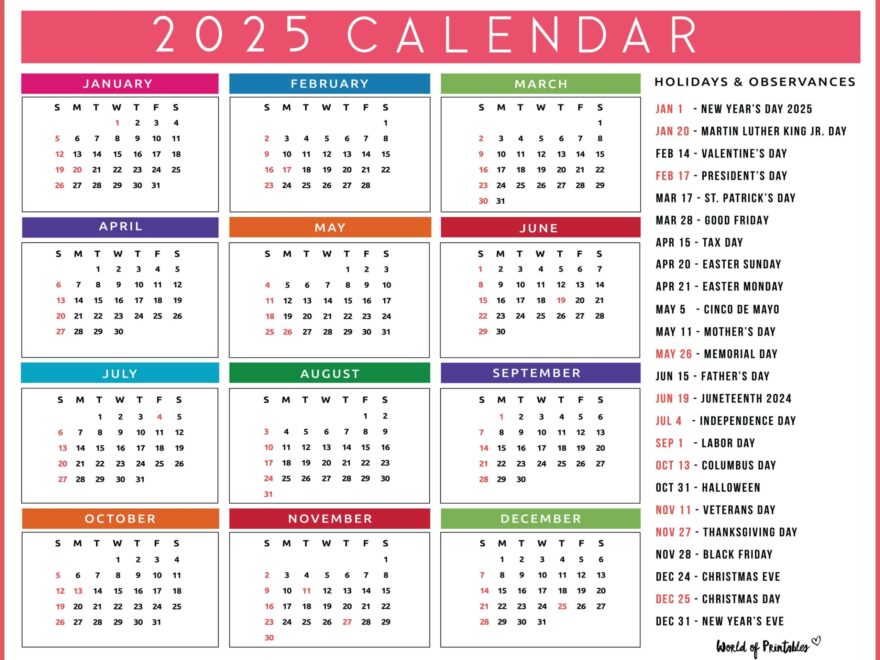 2025 Calendar With Holidays Free Printables In 28 Unique Styles World Of Printables