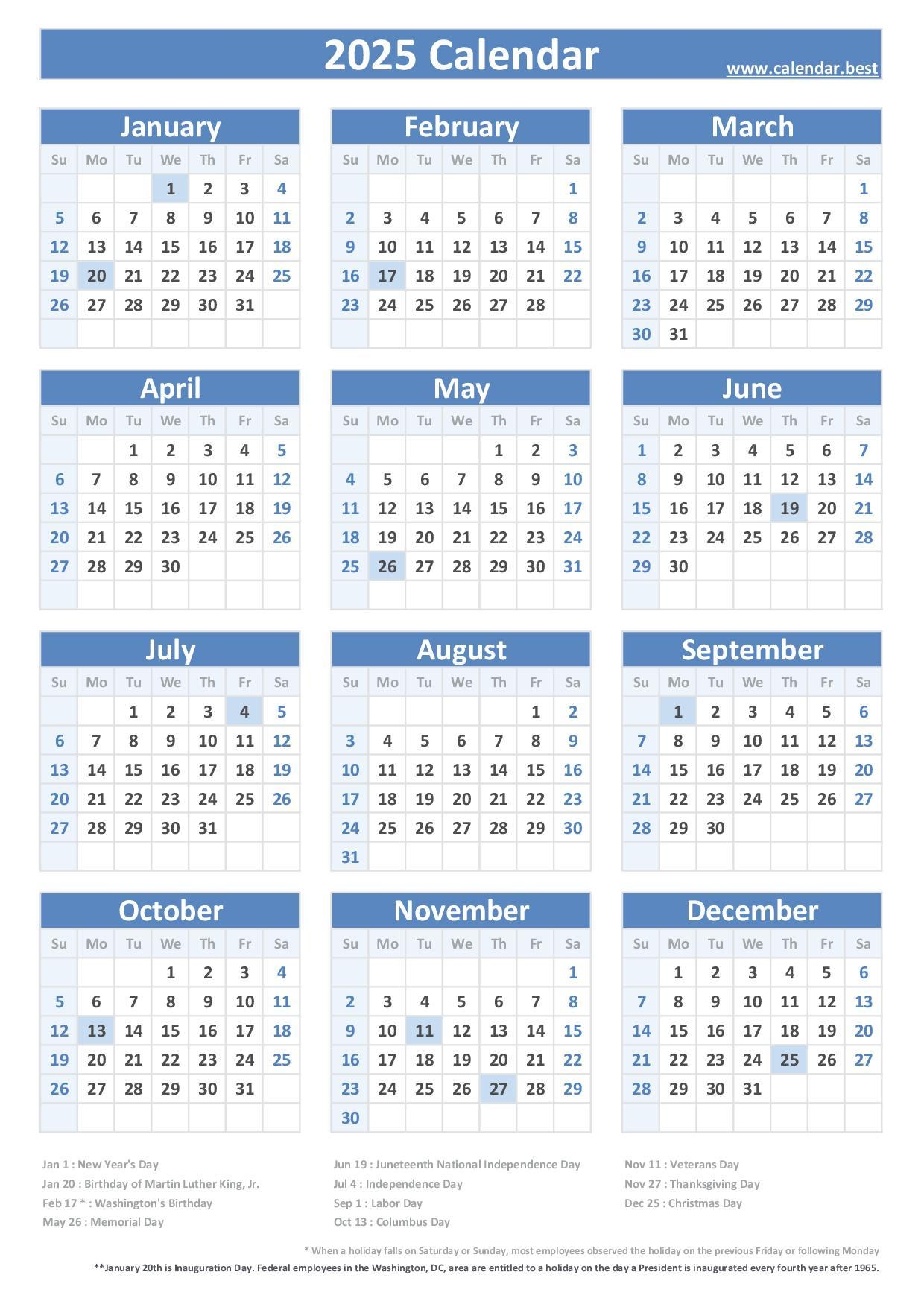 2025 Calendar With Holidays US Federal Holidays 