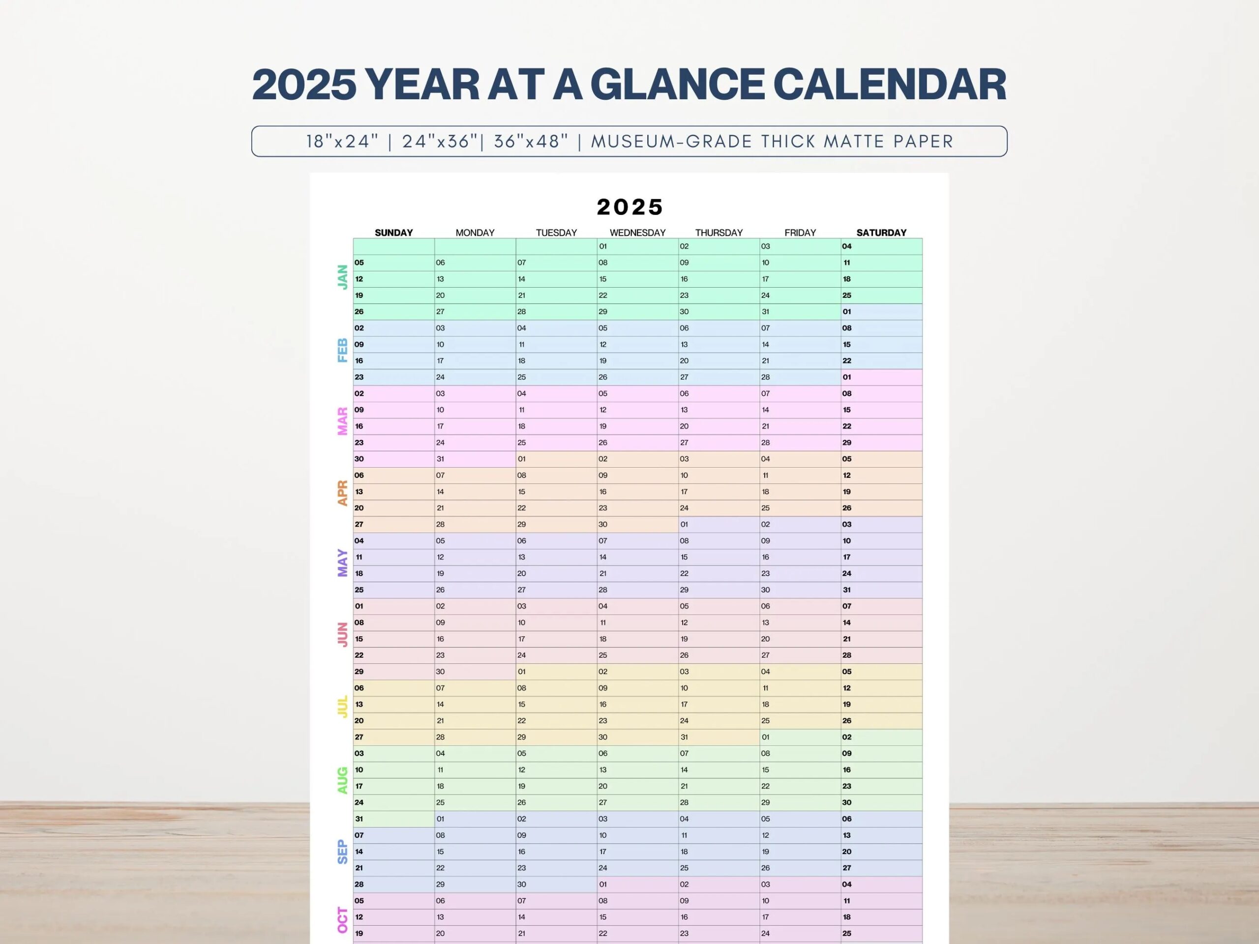 2025 Year At A Glance Calendar Large 2025 Wall Calendar 2025 Wall Planner Annual Organizer Continuous Monthly Calendar 12 Colors Etsy