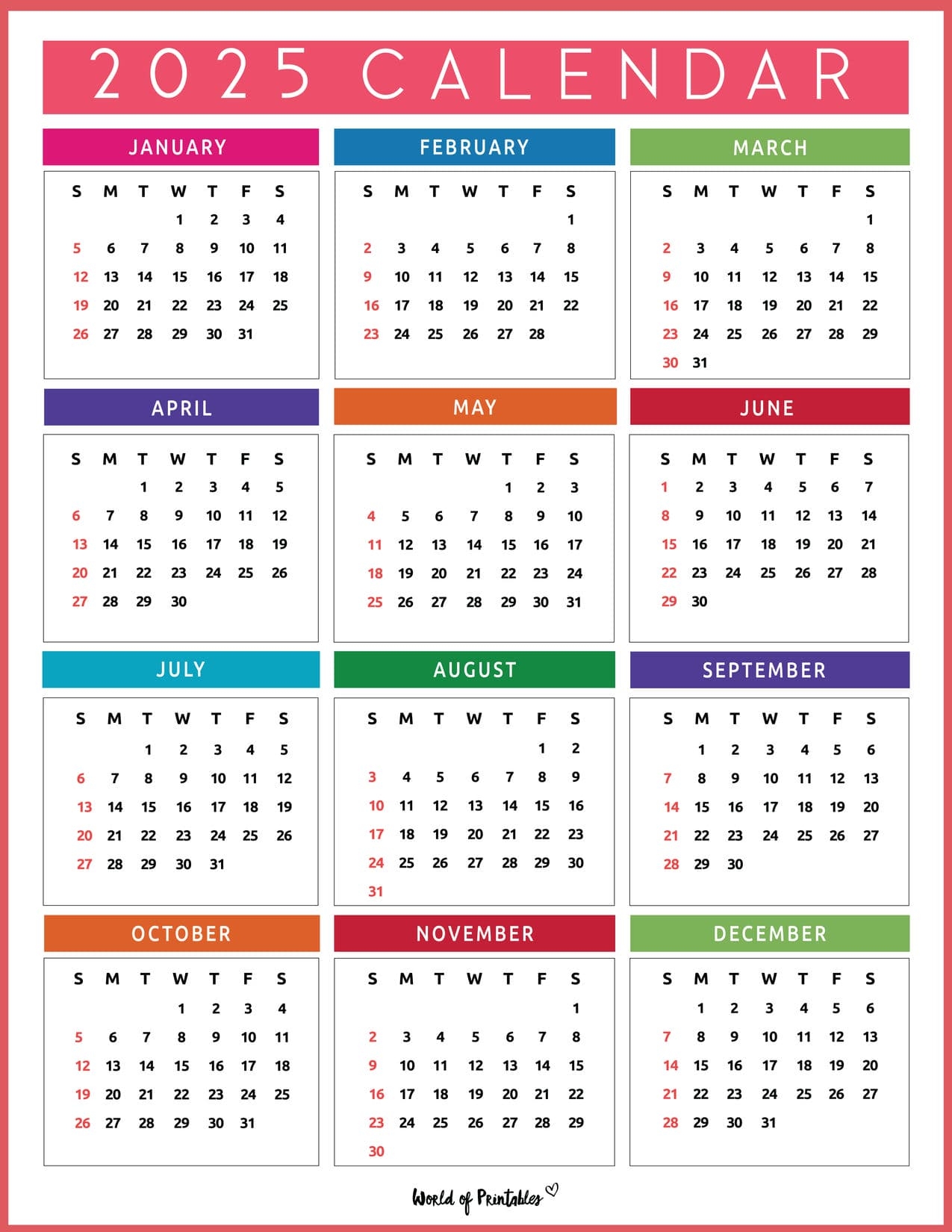 2025 One Page Calender