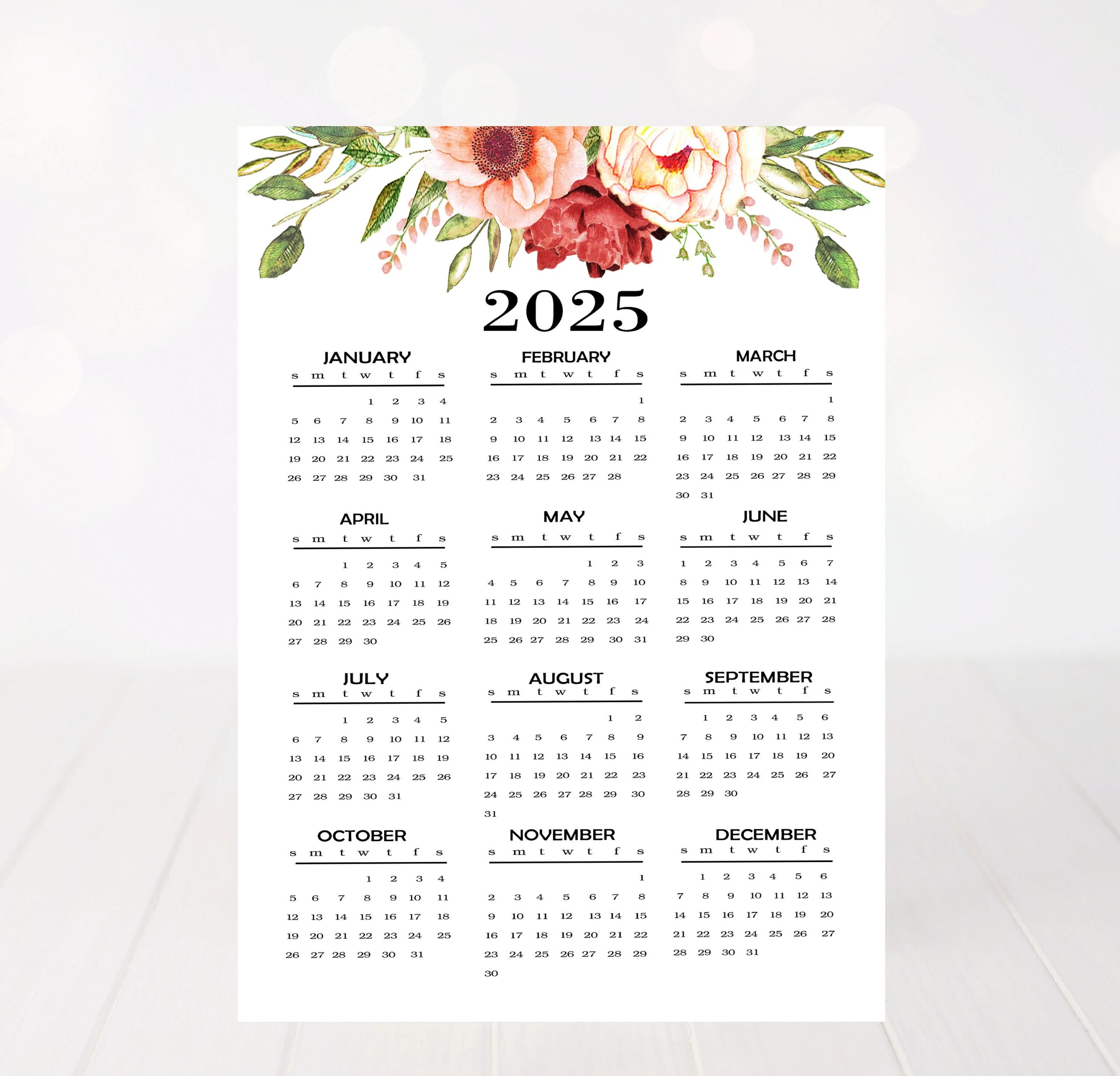 5X8 Printable Calendar 2025