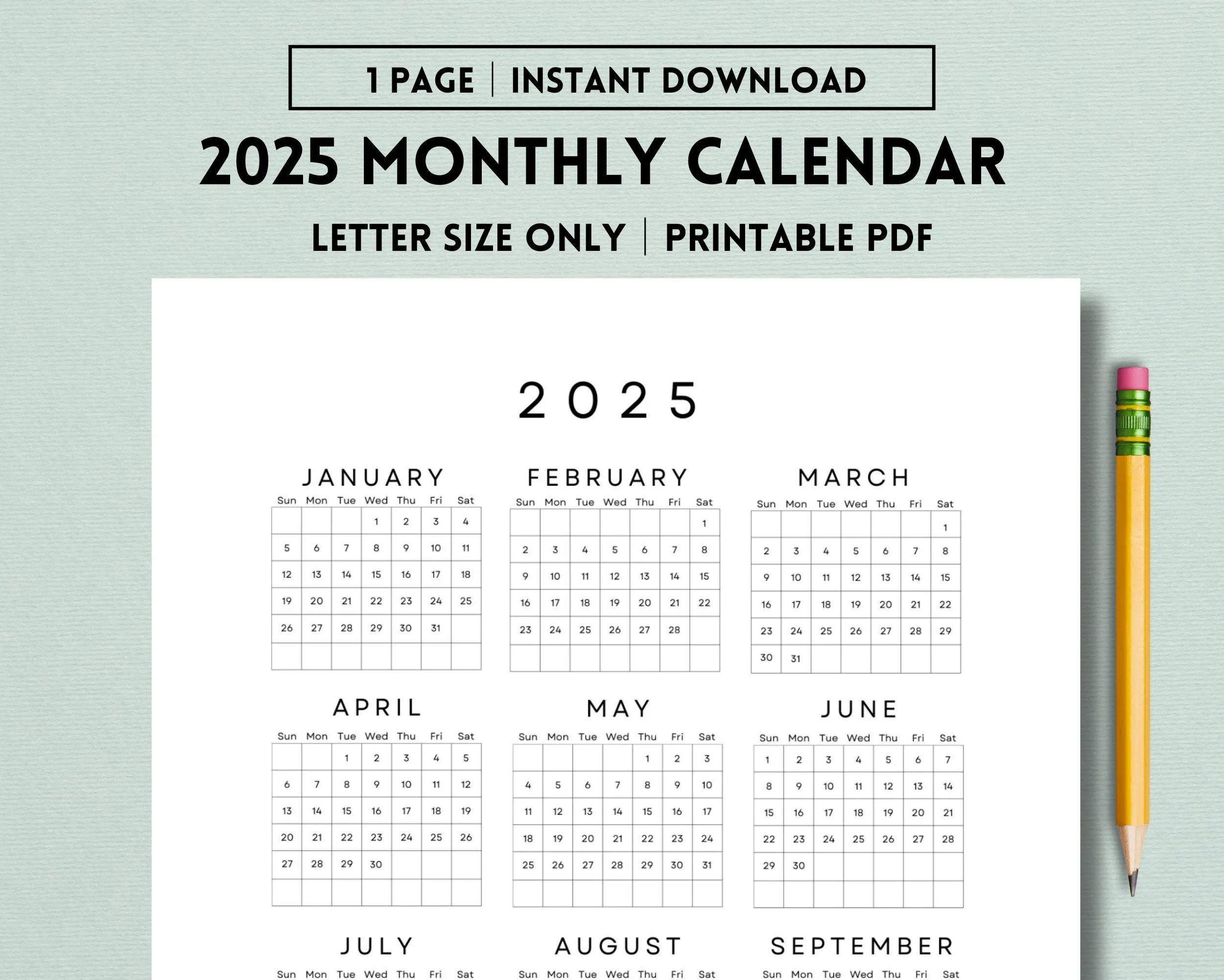 Calendar 2025 by Months Only