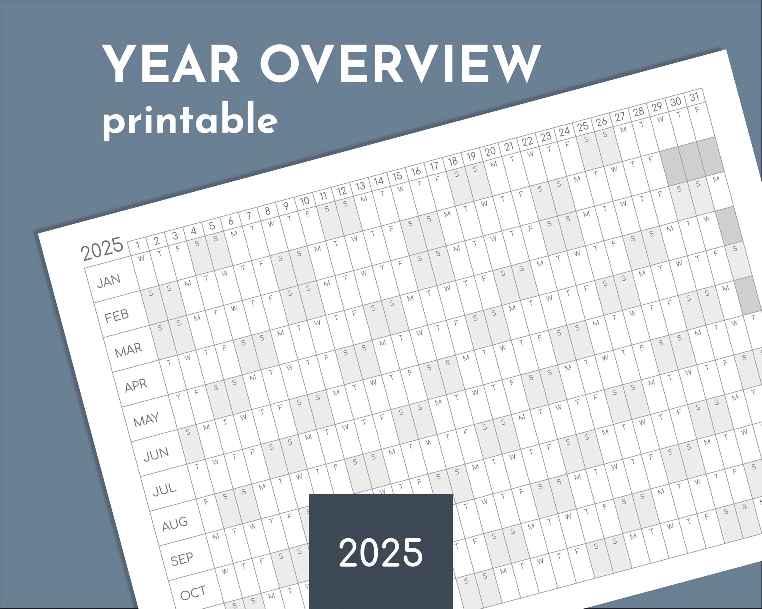 2025 Yearly Overview Printable Calendar Year On One Page Print At A4 Up To A0 Or Letter Etsy