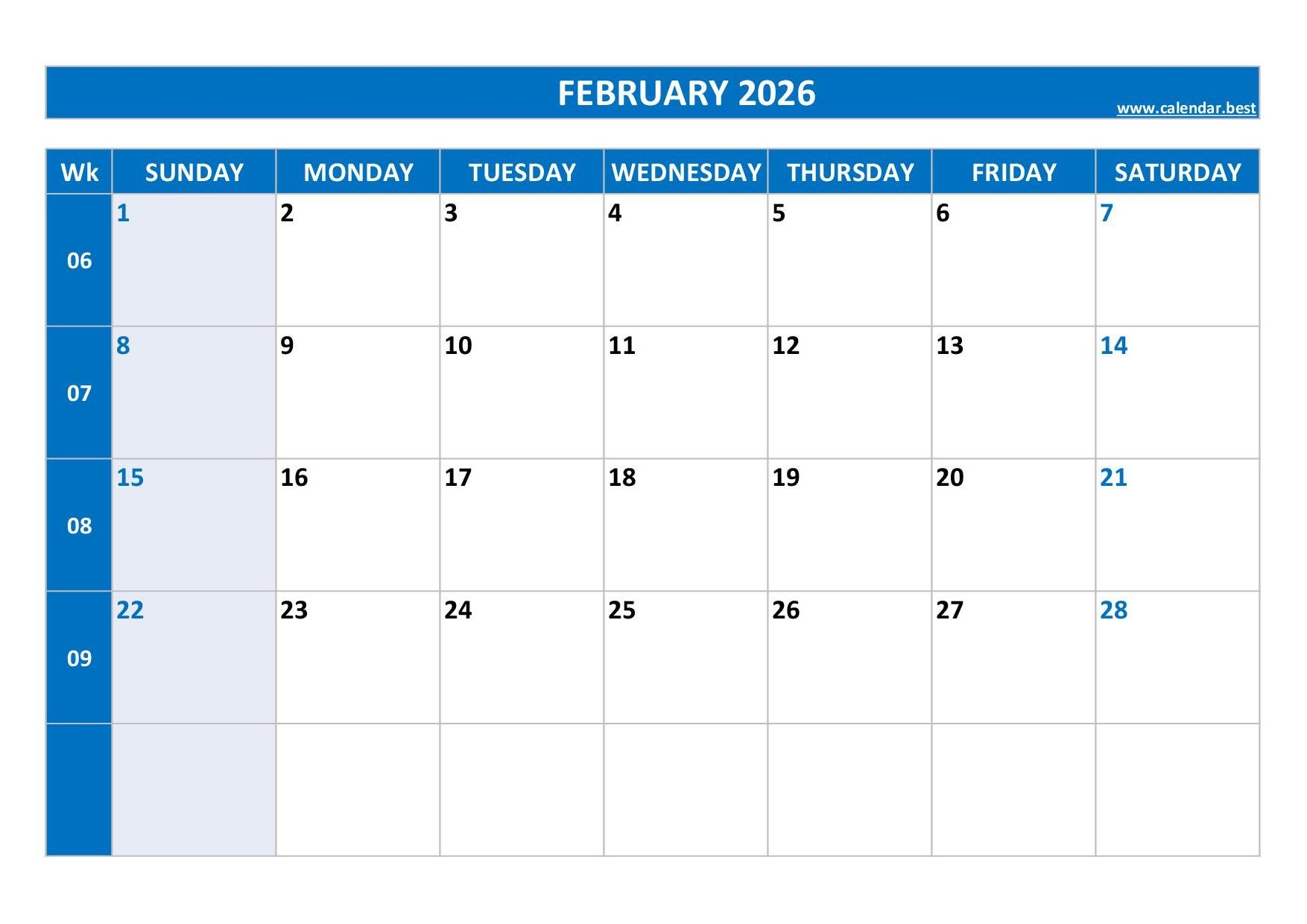 Febrauary 2026 Calendar Printable