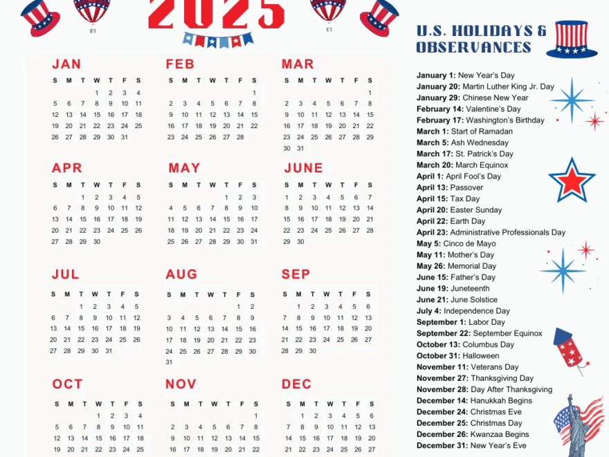 Free 2025 Calendar With Holidays In The USA