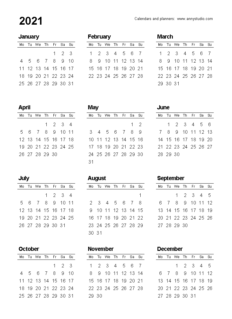 Free Printable Printable Pdf 2021 Calendar