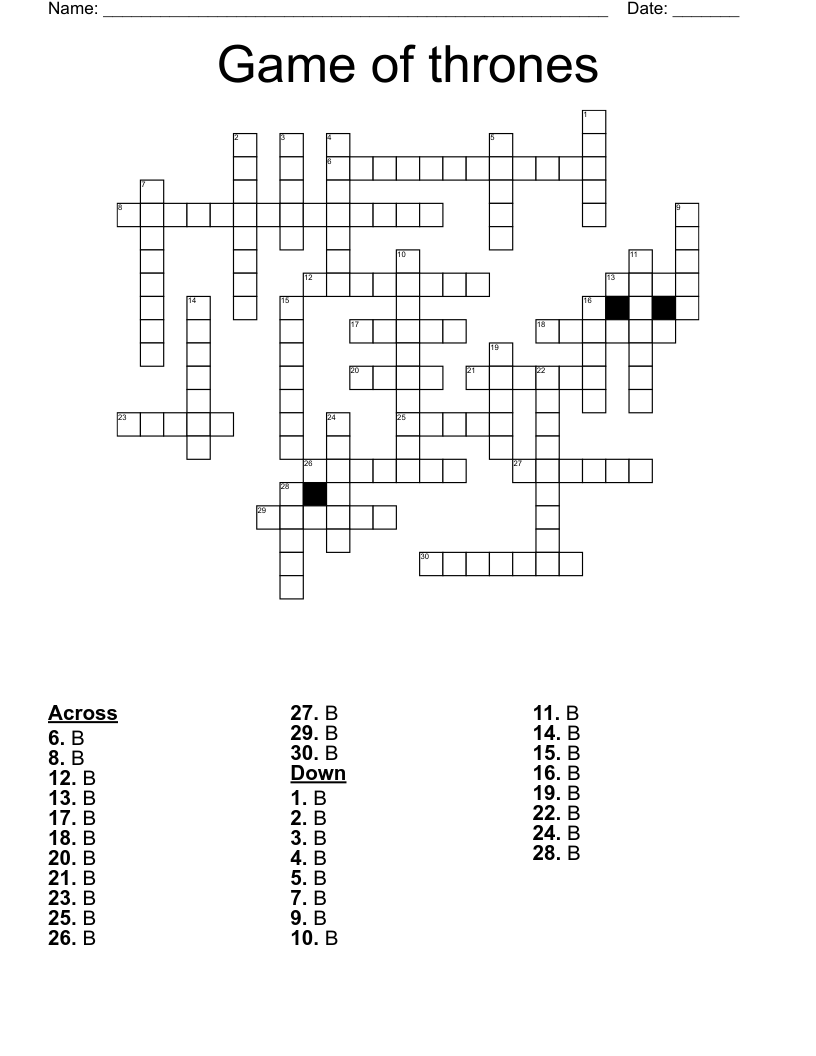 Game Of Thrones Crossword Puzzle Printable