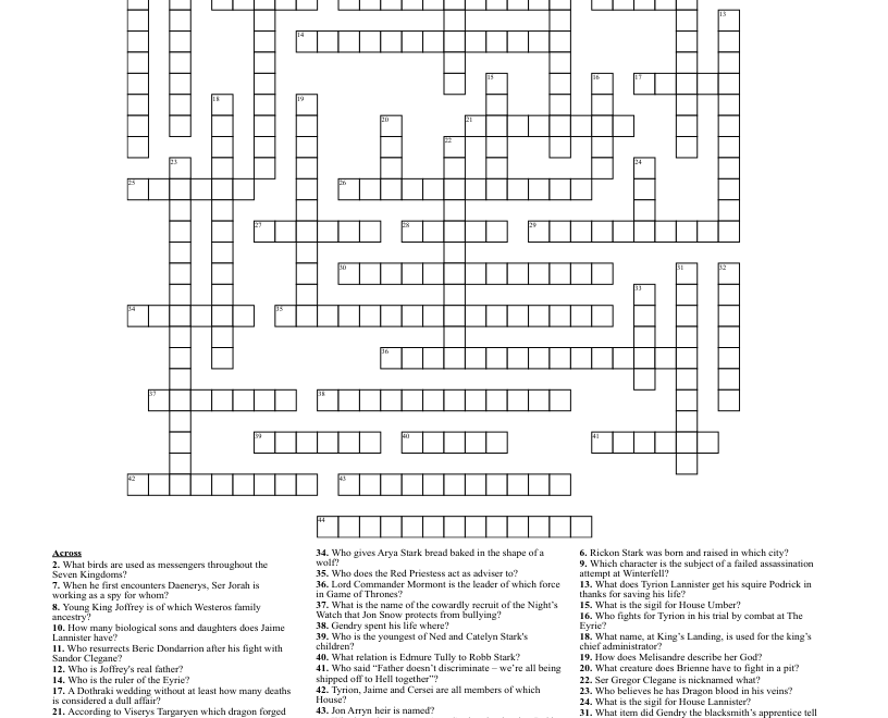 Game Of Thrones Crossword WordMint