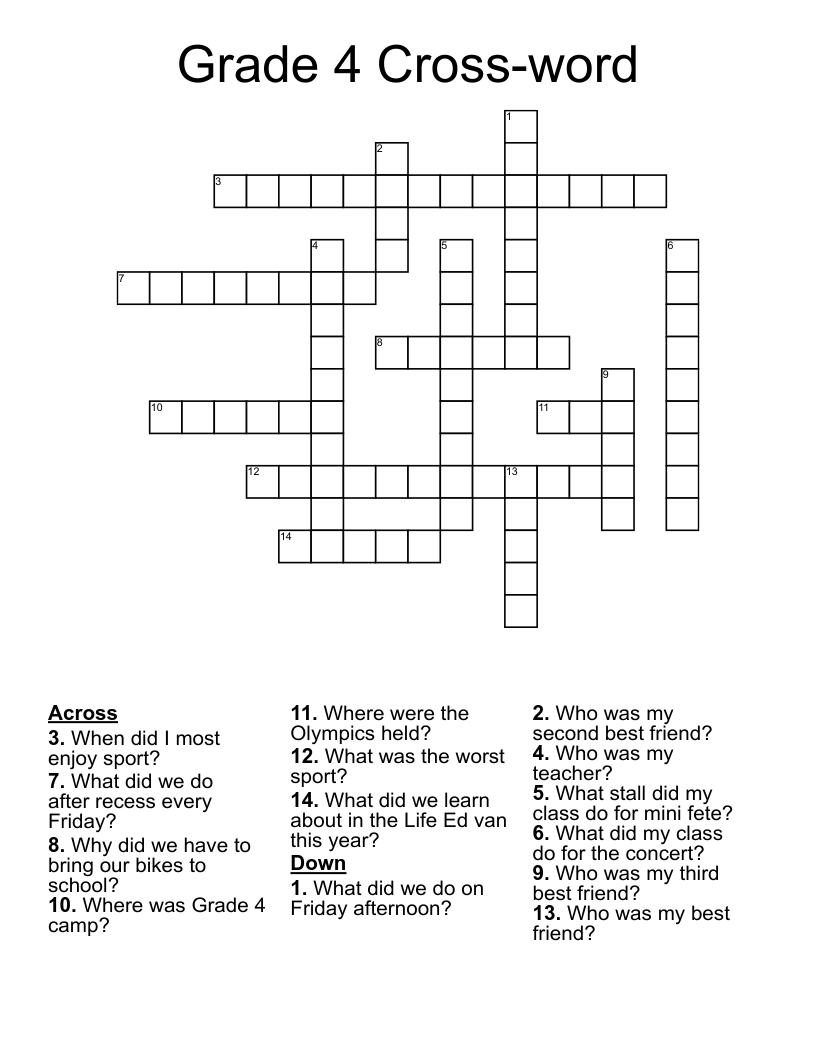 4Th Grade Crossword Puzzles Printable