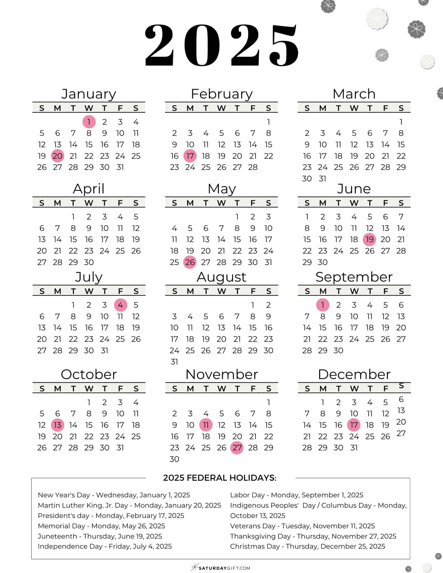 Printable Federal Calendar 2025