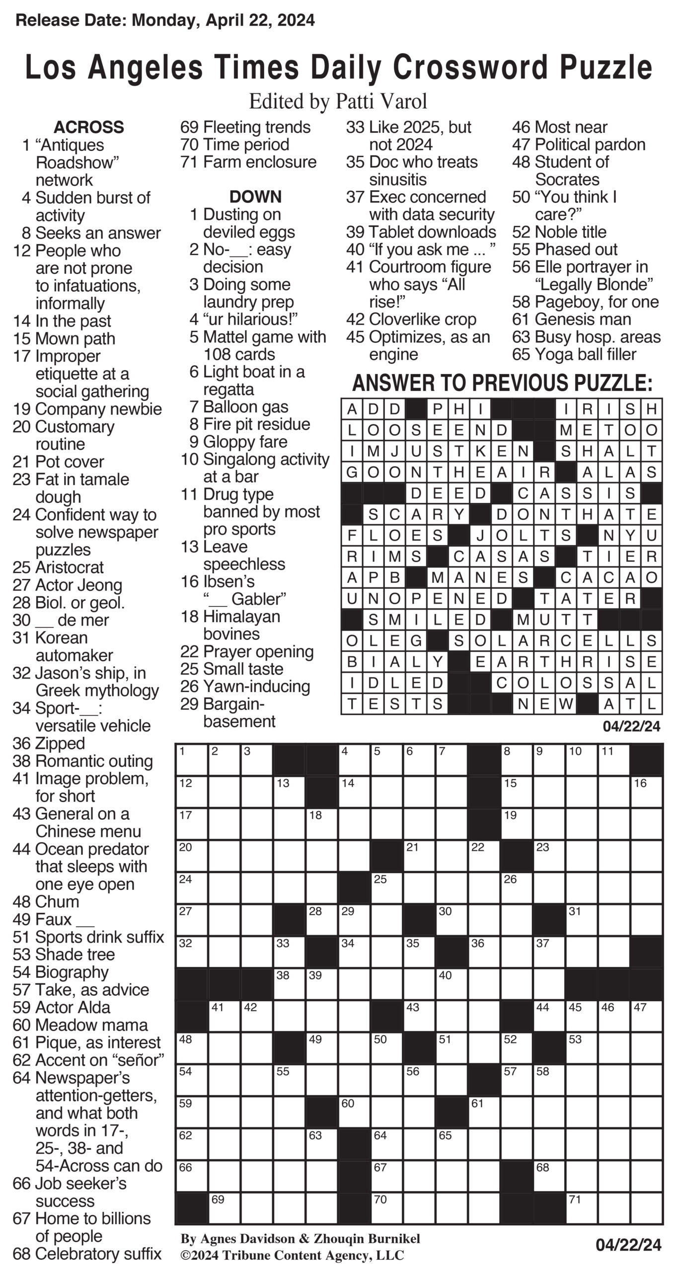 Online Daily Crossword Puzzle Printable
