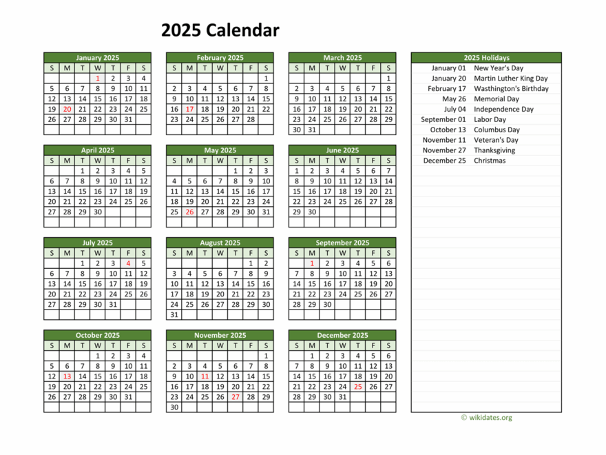 Printable 2025 Calendar With Federal Holidays WikiDates