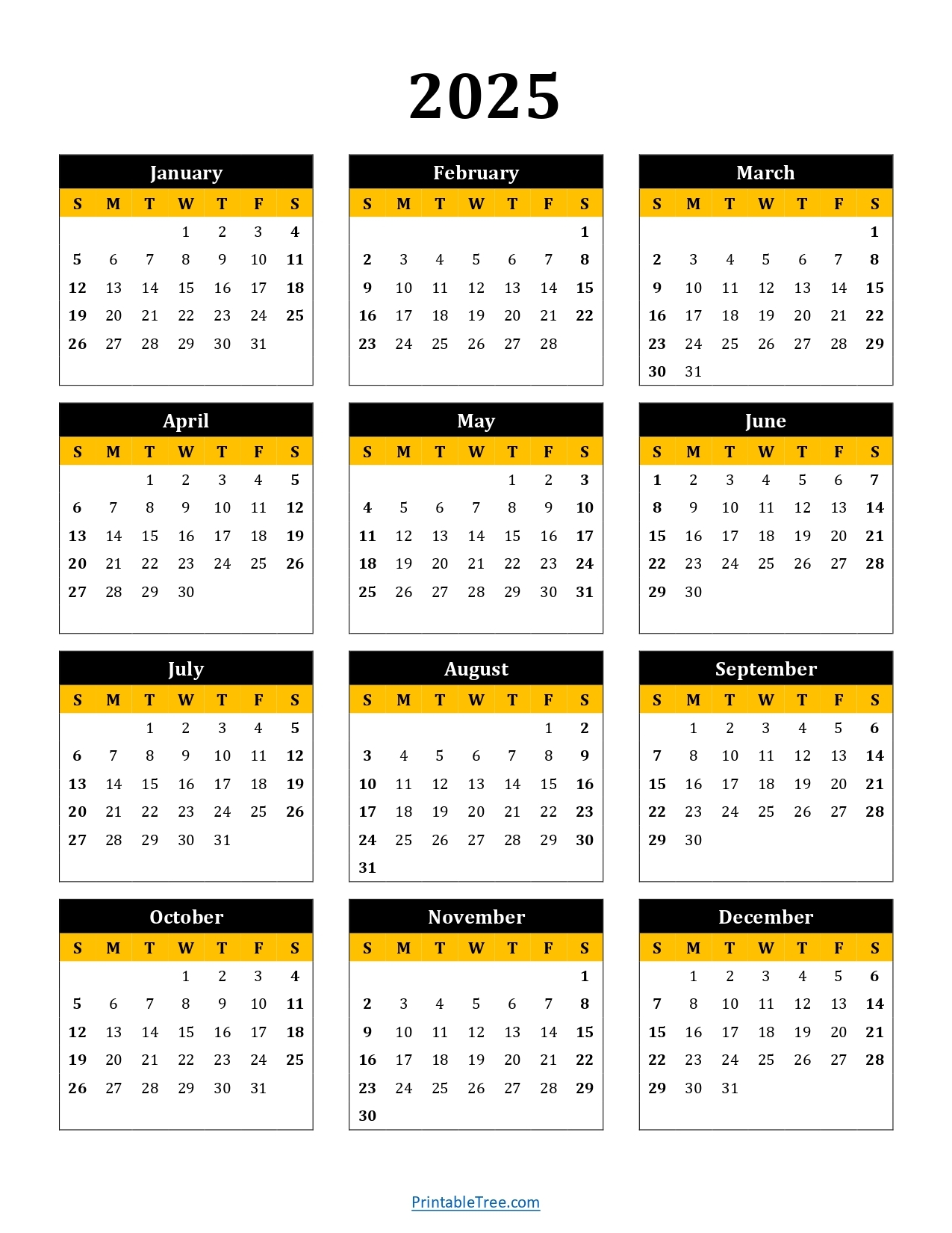 2025 Calendar On One Page Printable