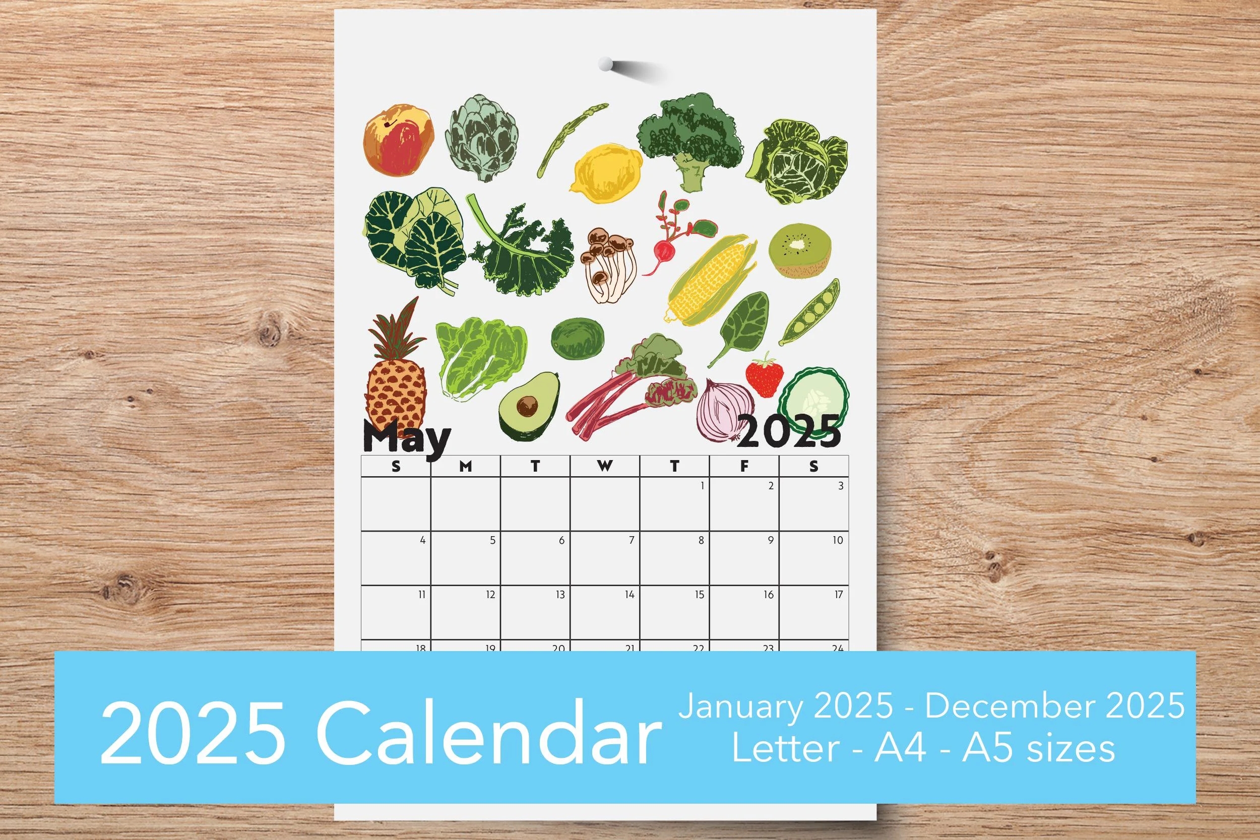 Printable Wall Calendar 2025 Seasonal Produce Food Art Etsy