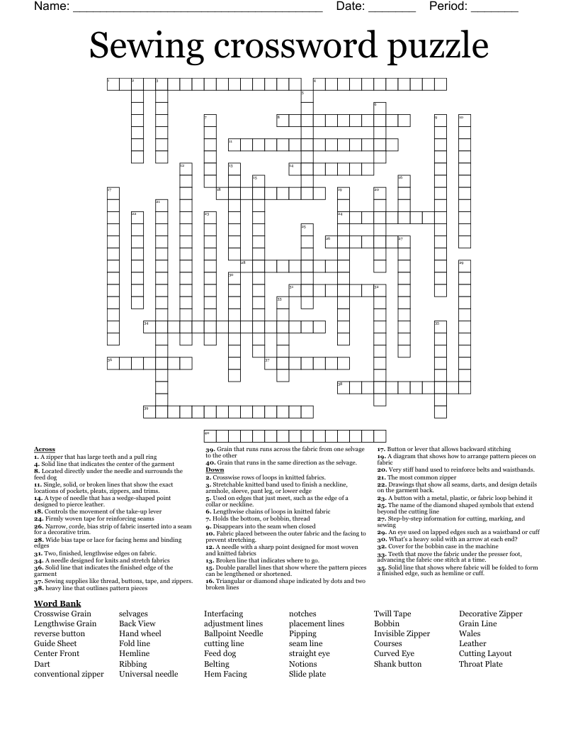 Sewing Crossword Puzzle WordMint