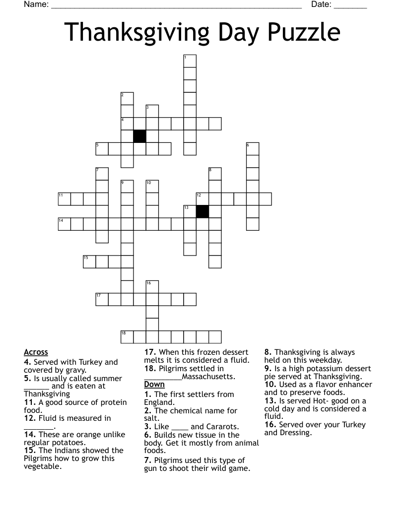 Thanksgiving Day Puzzle Crossword WordMint