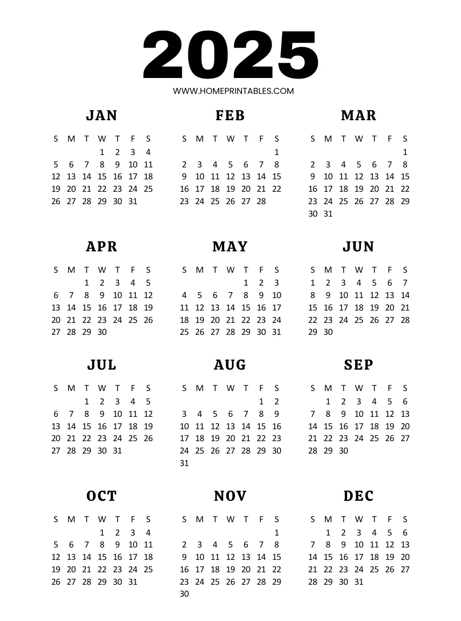 Free Printable Blank Yearly Calendar 2025