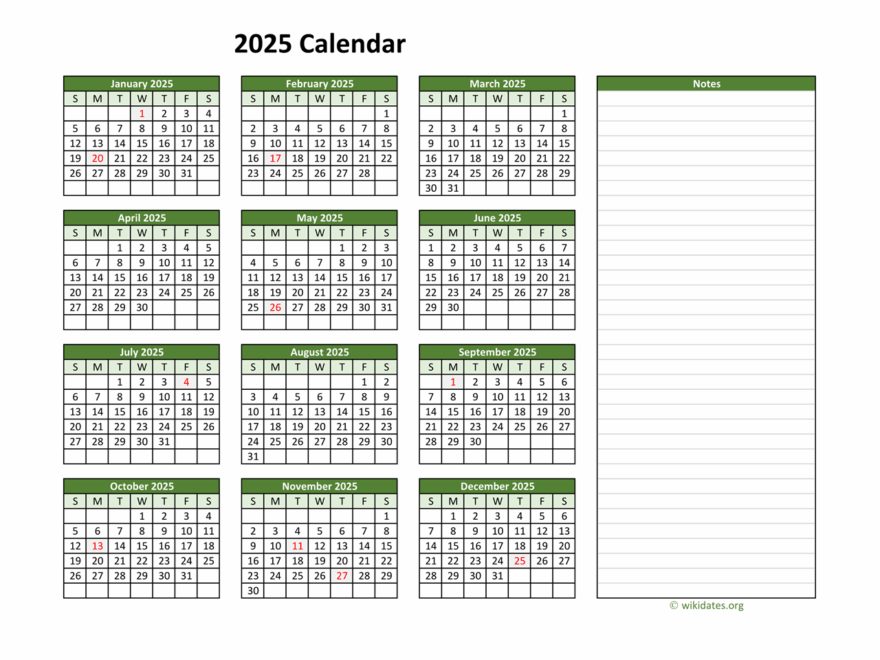 Yearly Printable 2025 Calendar With Notes WikiDates