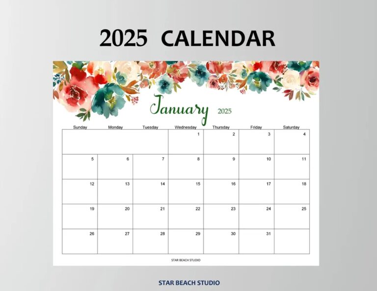 8X10 Printable Monthly Calendar 2025