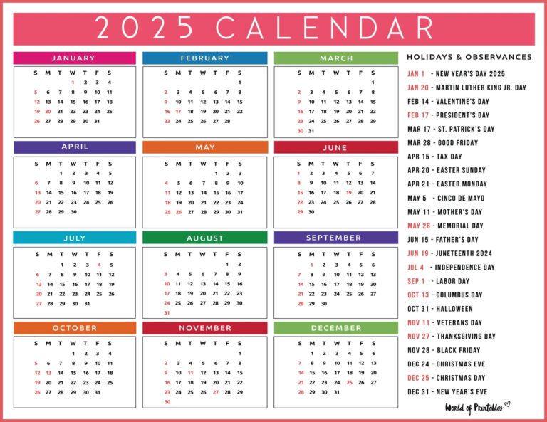 Free Printable 2025 Calendar With Holidays