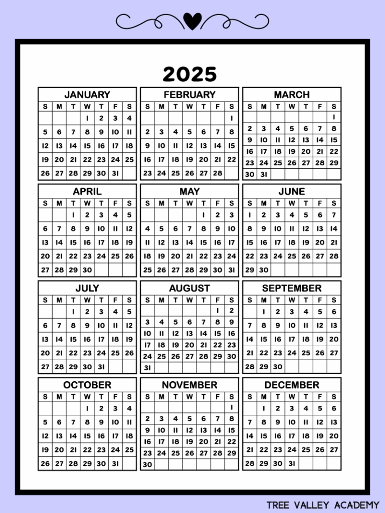 2025 Calendar On One Page Printable