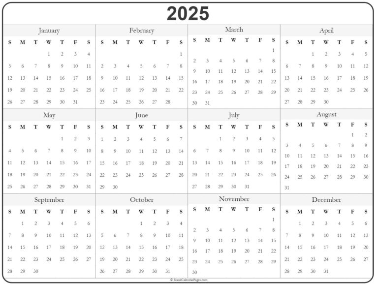 Free Printable Blank Yearly Calendar 2025