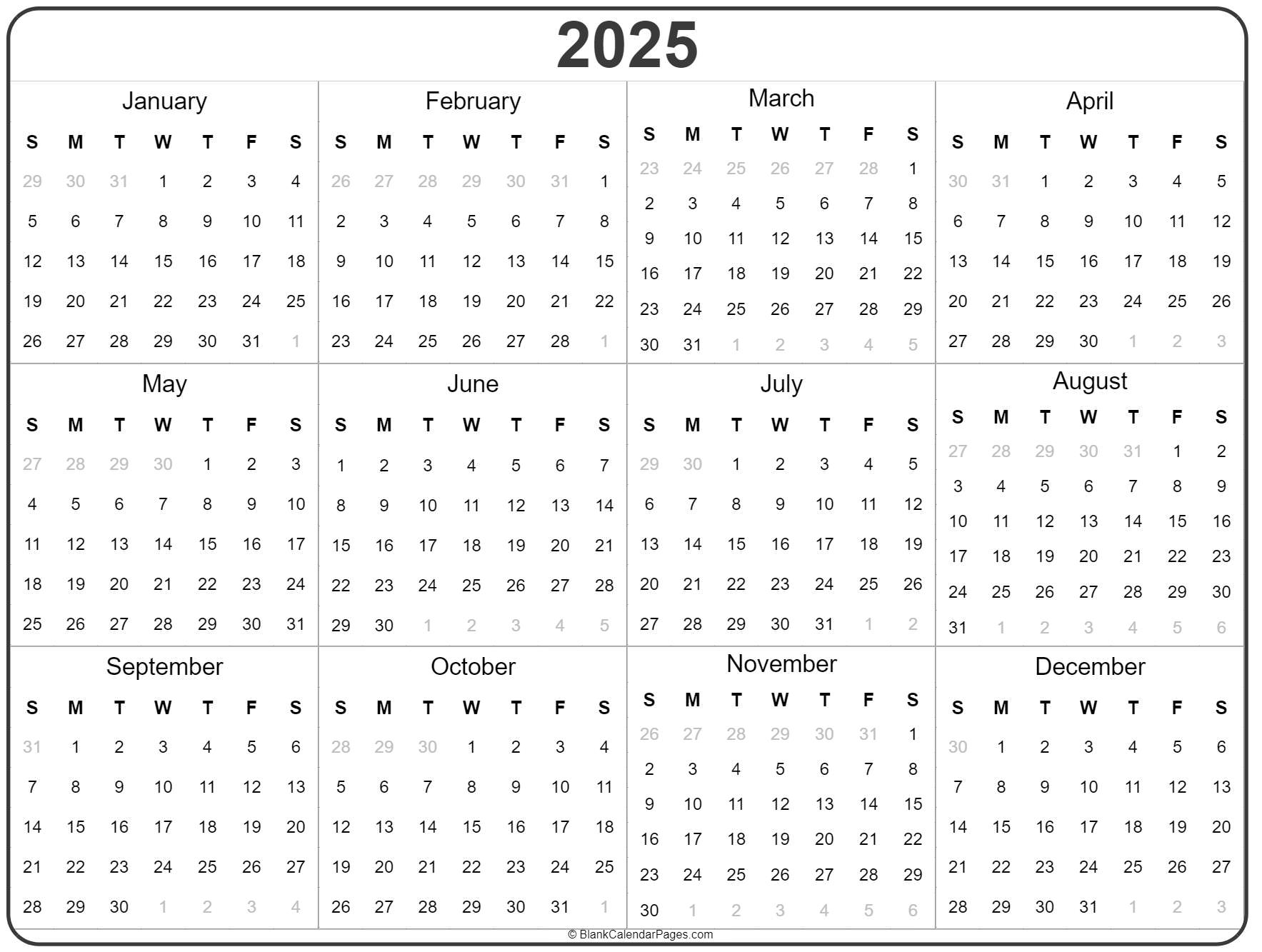 Annual Calendar Blank 2025 Printable