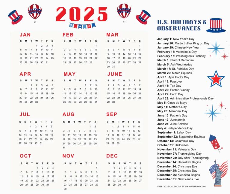 2025 Holiday Calendar USA Printable