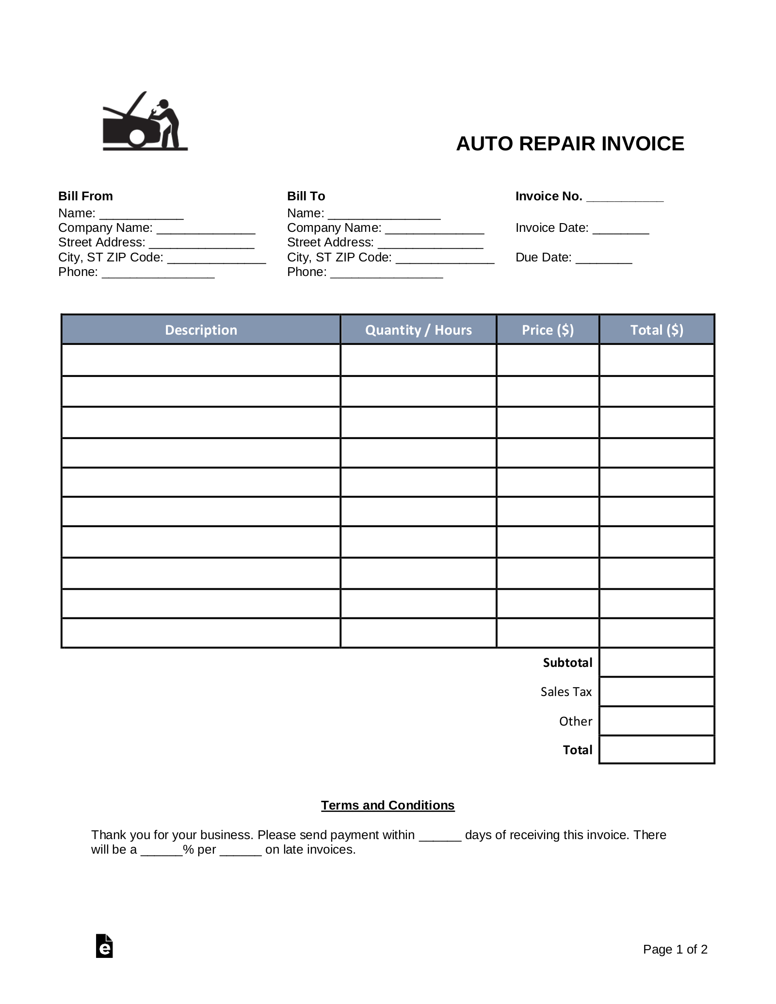 Free Printable Auto Repair Invoice Template