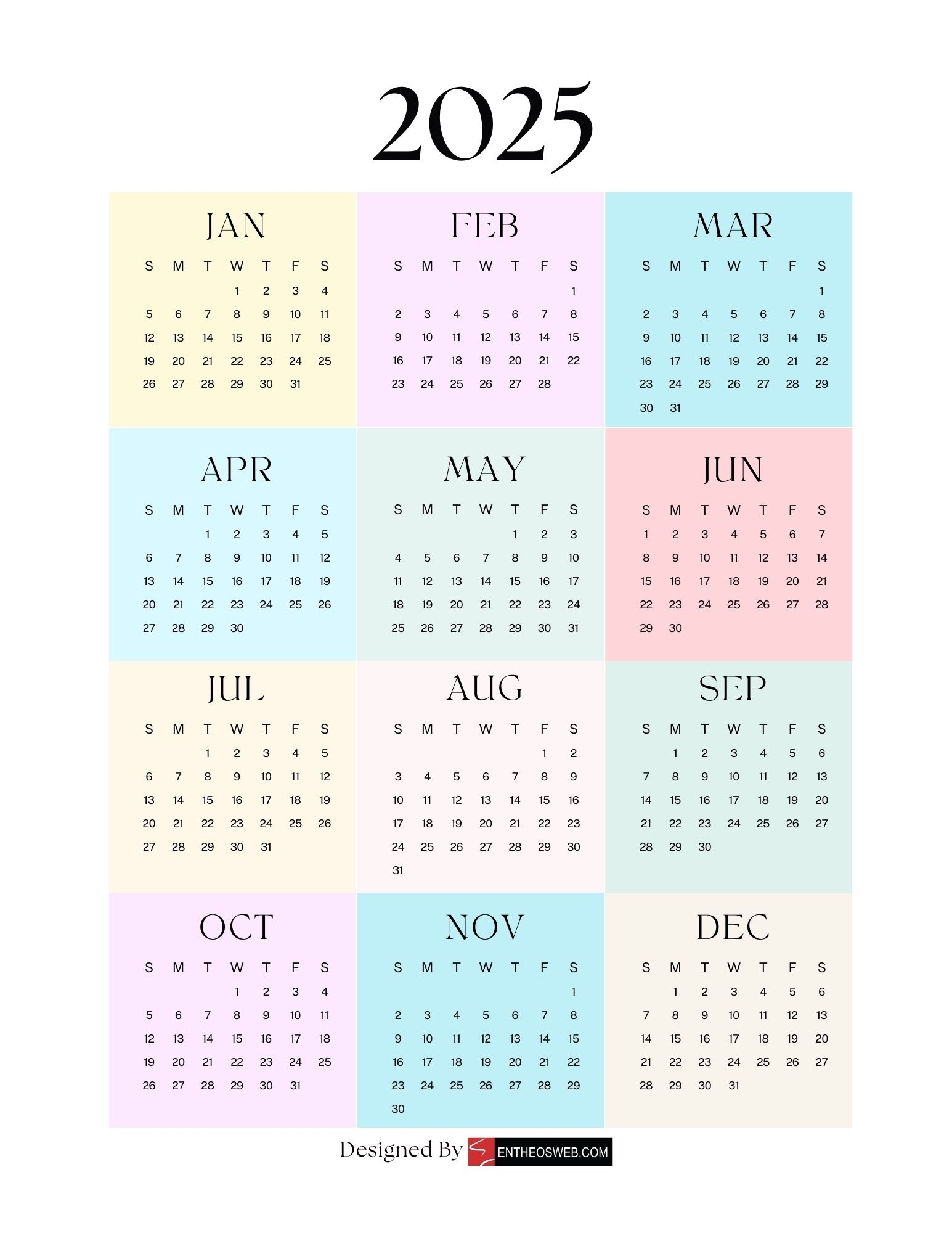 A4 Size Calendar 2025