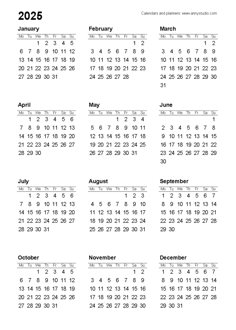 A4 Size Calendar 2025