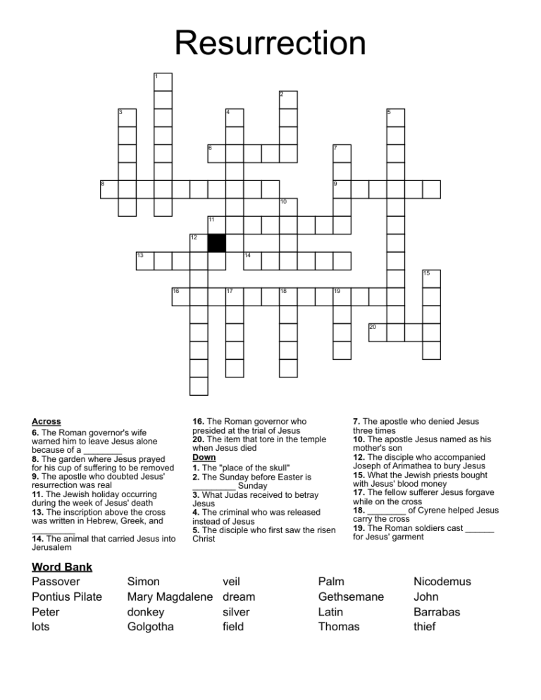Resurrection Of Jesus Crossword Puzzle Printable