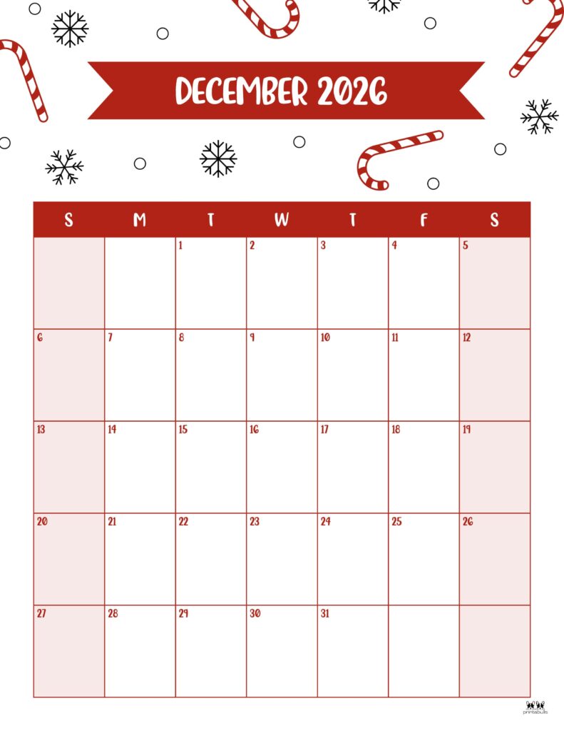 2026 December printable monthly calendar portrait orientation pdf