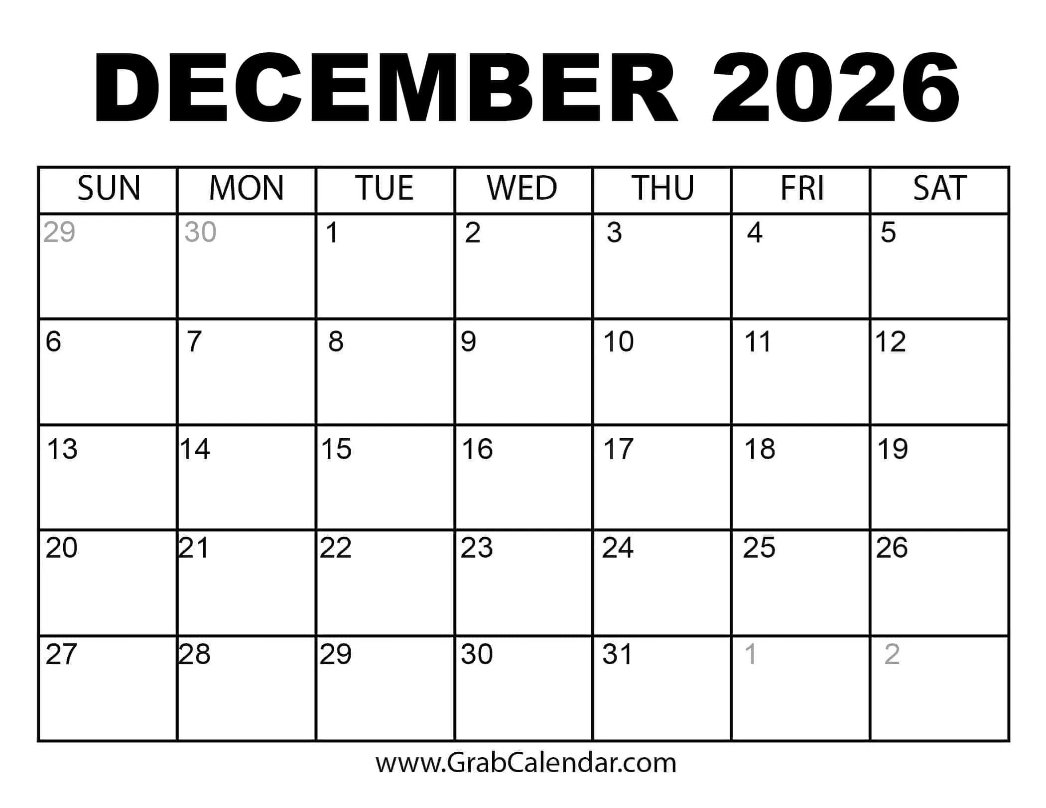 2026 December Printable Monthly Calendar