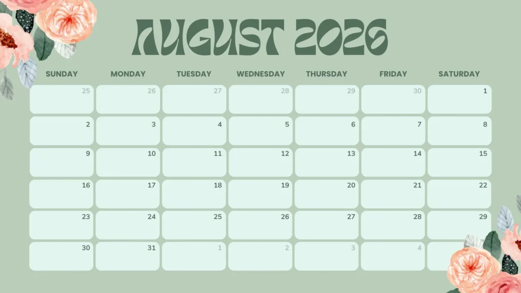cute August 2026 wall calendar printable design