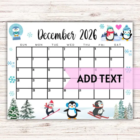 cute simple December 2026 calendar printable design