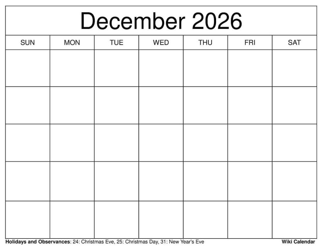 free December 2026 blank calendar to print a4 size landscape