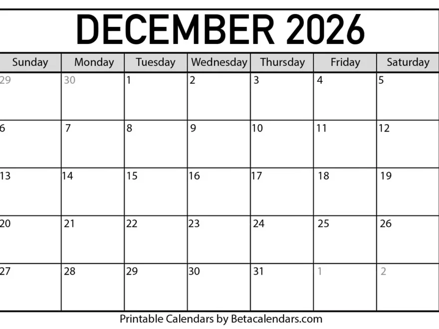 free december 2026 blank calendar to print