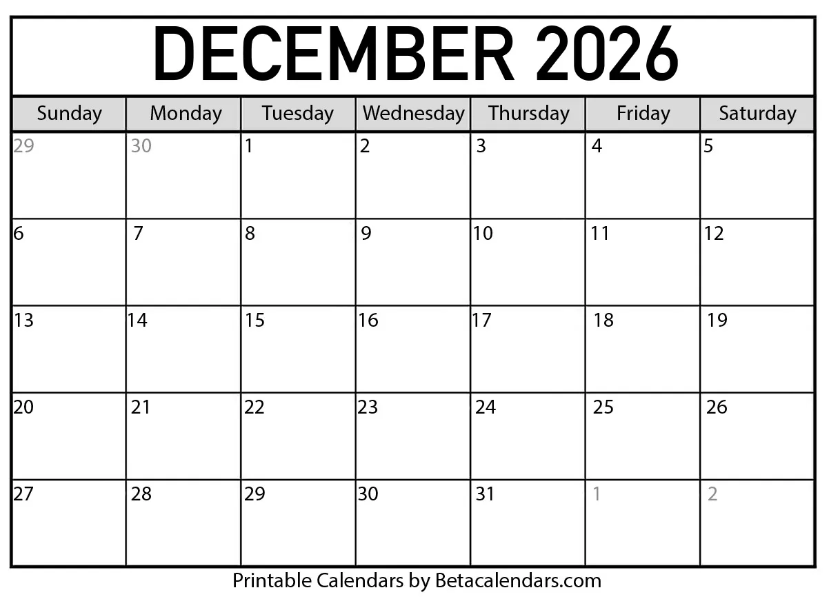 Free December 2026 Blank Calendar to Print