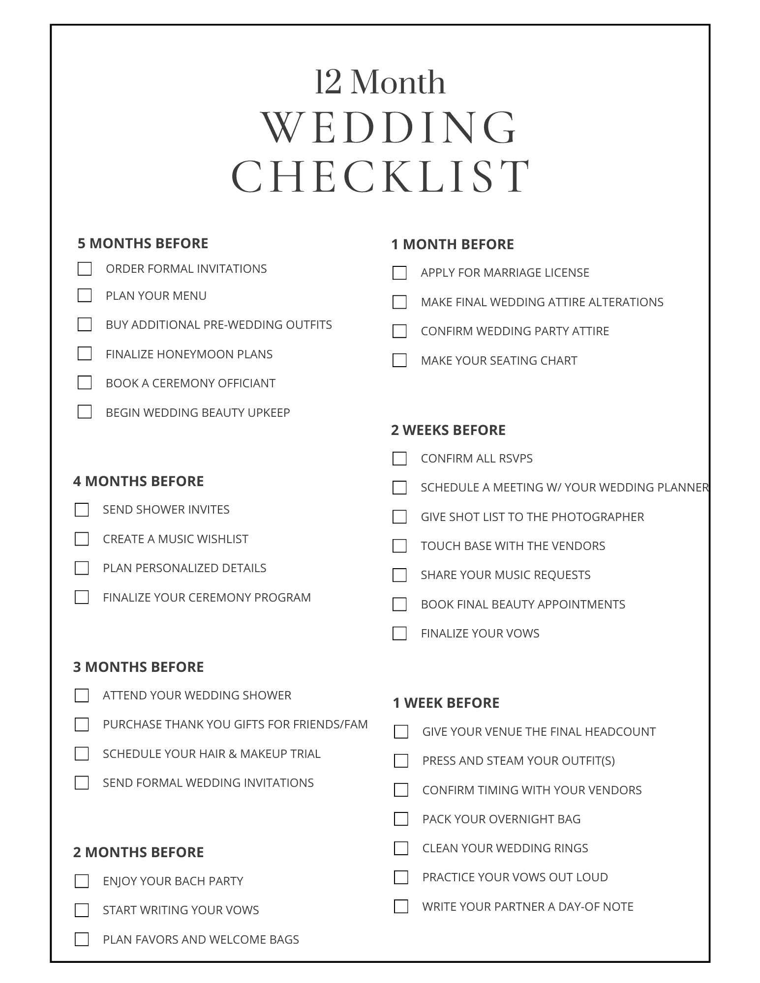 Free Printable Wedding Planning Checklist Timeline