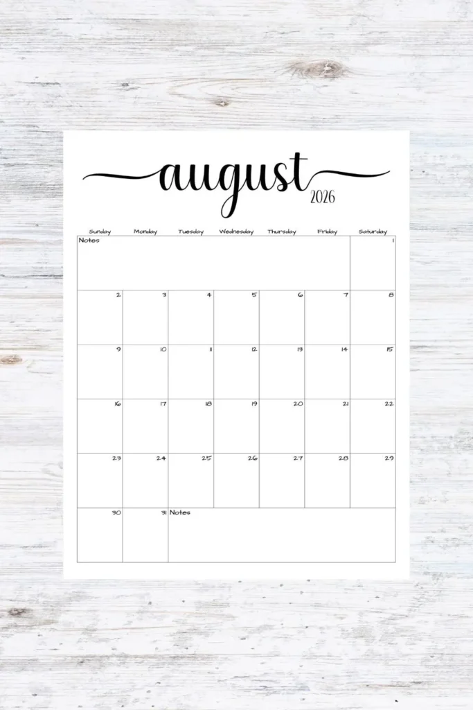 simple August 2026 wall calendar printable black and white format
