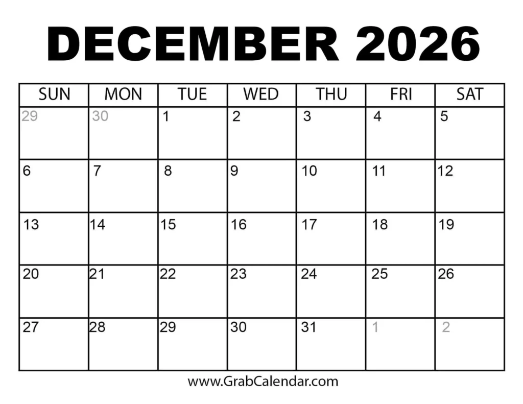 simple december 2026 calendar printable