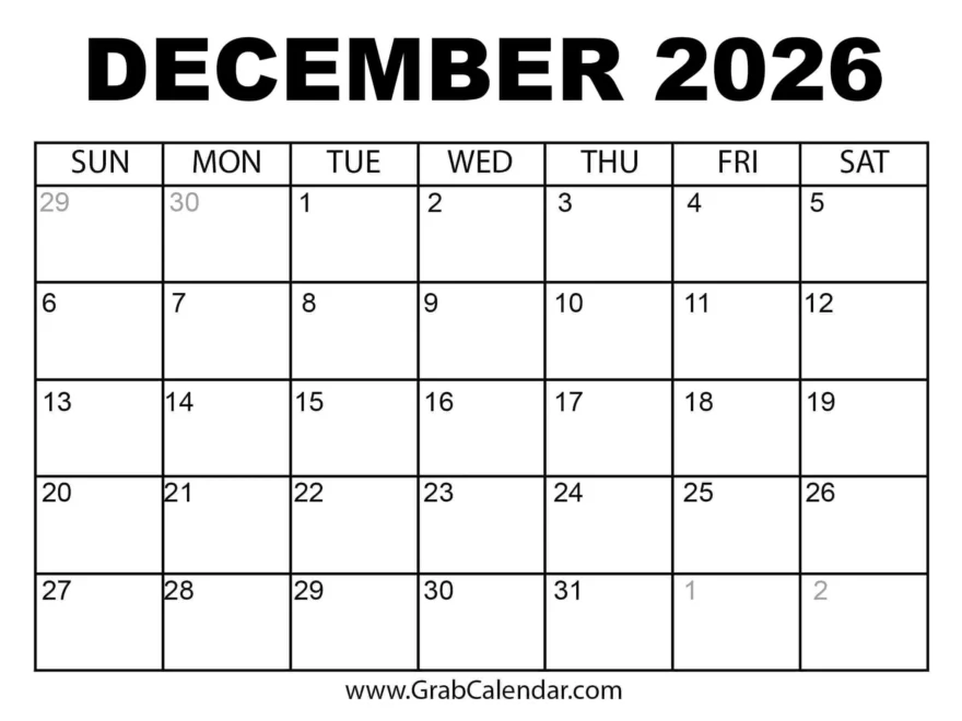 simple december 2026 calendar printable